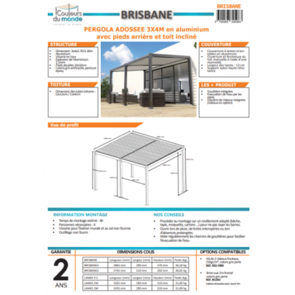 COULEURS DU MONDE - Pergola adossée BRISBANE 5 pieds - 3 x 4 mètres - Toit incliné